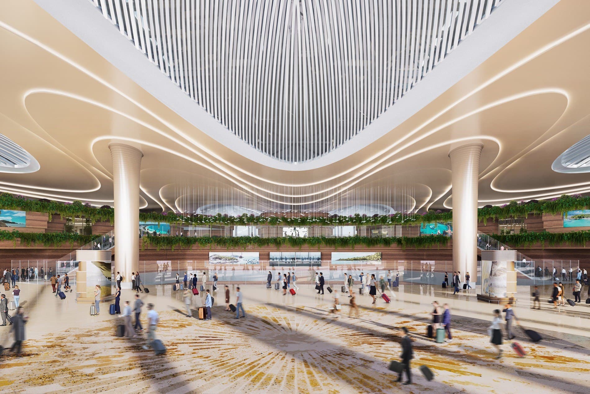 Spacious check-in hall at Phu Quoc International Airport with a dramatic ceiling design