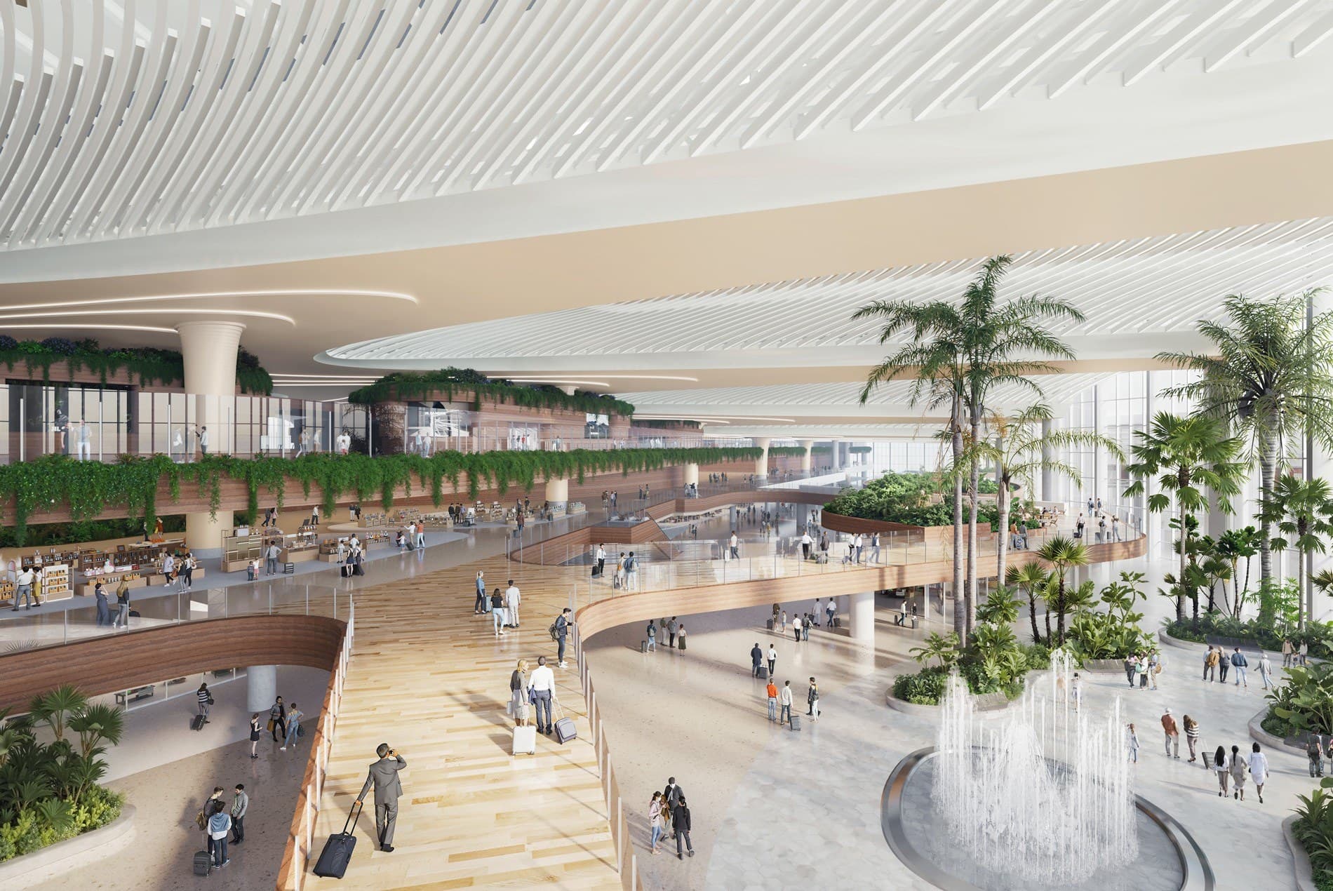 Multi-level retail concourse at Phu Quoc International Airport with tropical landscaping